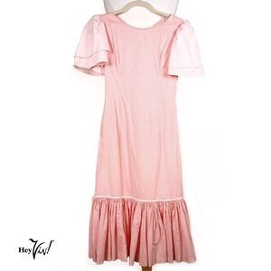Vintage Pink Check Cotton Dress Fitted w Ruffle Metal Zip XS B32 W23 - Hey Viv